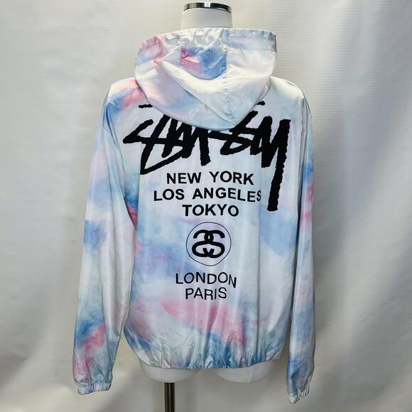 Stussy Jacket Womens Large Multicolor Tie Dye Hooded Windbreaker LA Paris - Picture 1 of 9